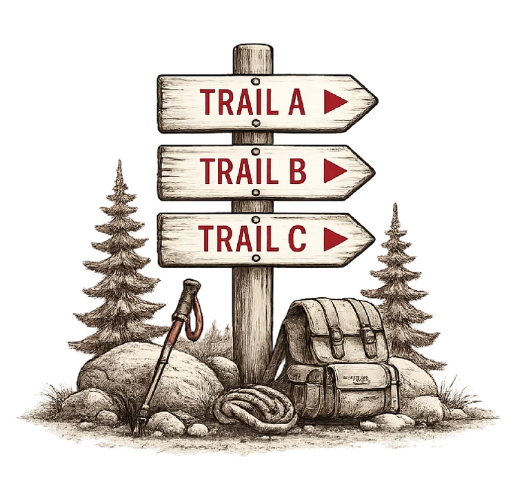 Signpost pointing to Trail A, Trail B and Trail C